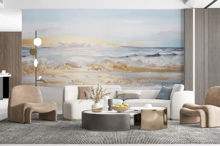 Fototapet Abstrakt texturerat landskap havsvågor som slår på en sandstrand, mjuka pastellfärger, blå himmel med lätta moln w09234