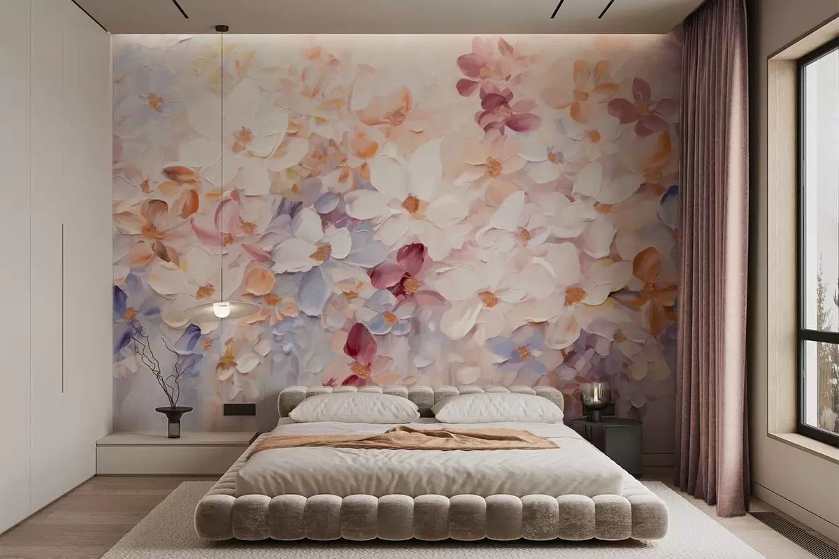 Fototapet Oljemålning som föreställer en blomsterträdgård med vita, rosa och orange blommor, mjuka penseldrag, dämpade pastellfärger w09236