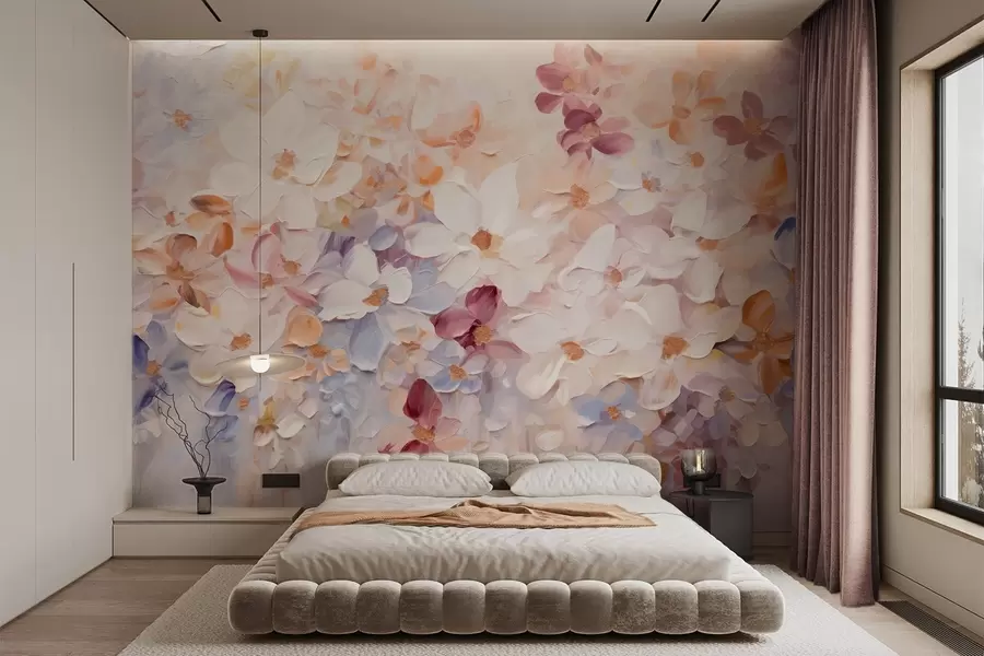 Fototapet Oljemålning som föreställer en blomsterträdgård med vita, rosa och orange blommor, mjuka penseldrag, dämpade pastellfärger w09236