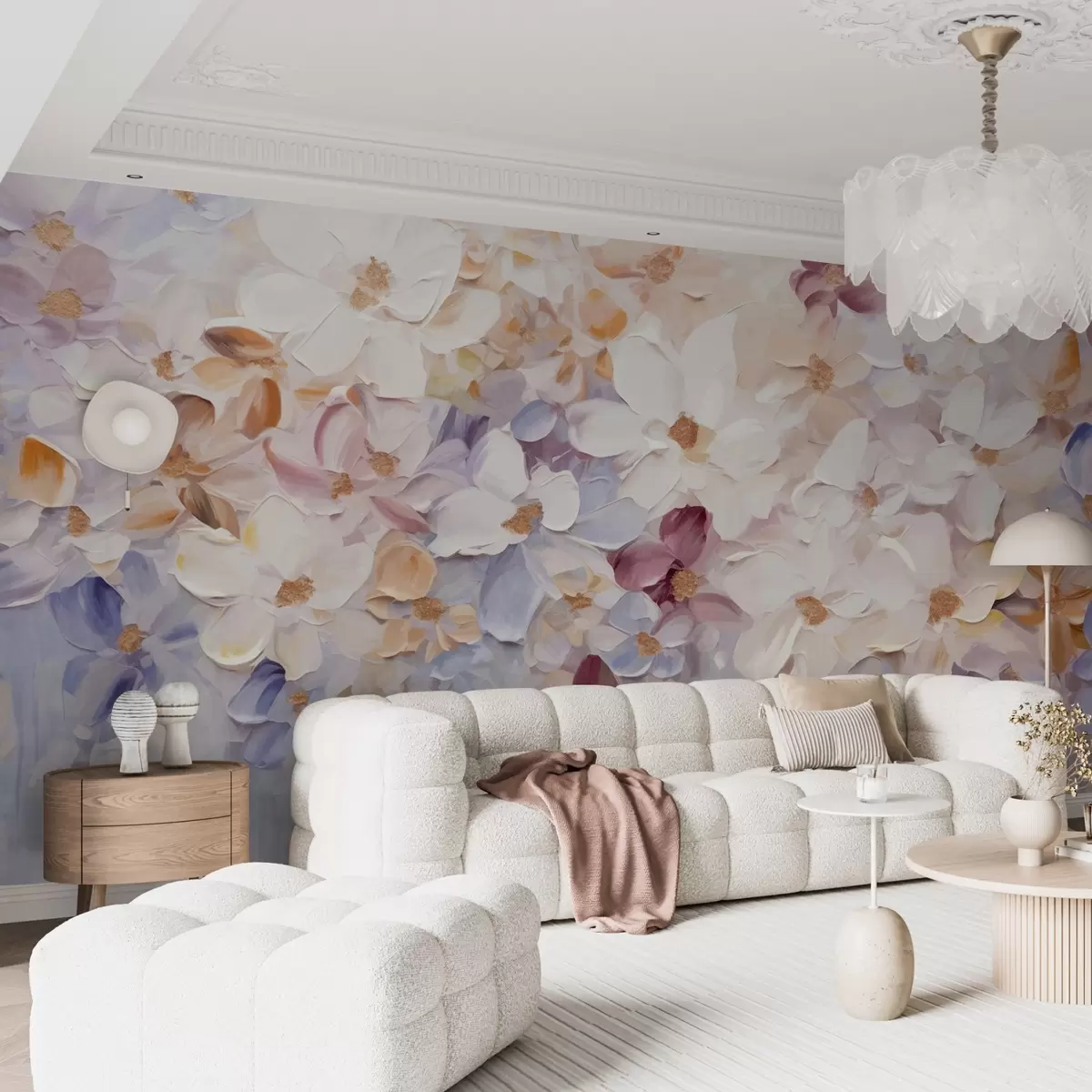 Fototapet Oljemålning som föreställer en blomsterträdgård med vita, rosa och orange blommor, mjuka penseldrag, dämpade pastellfärger w09236