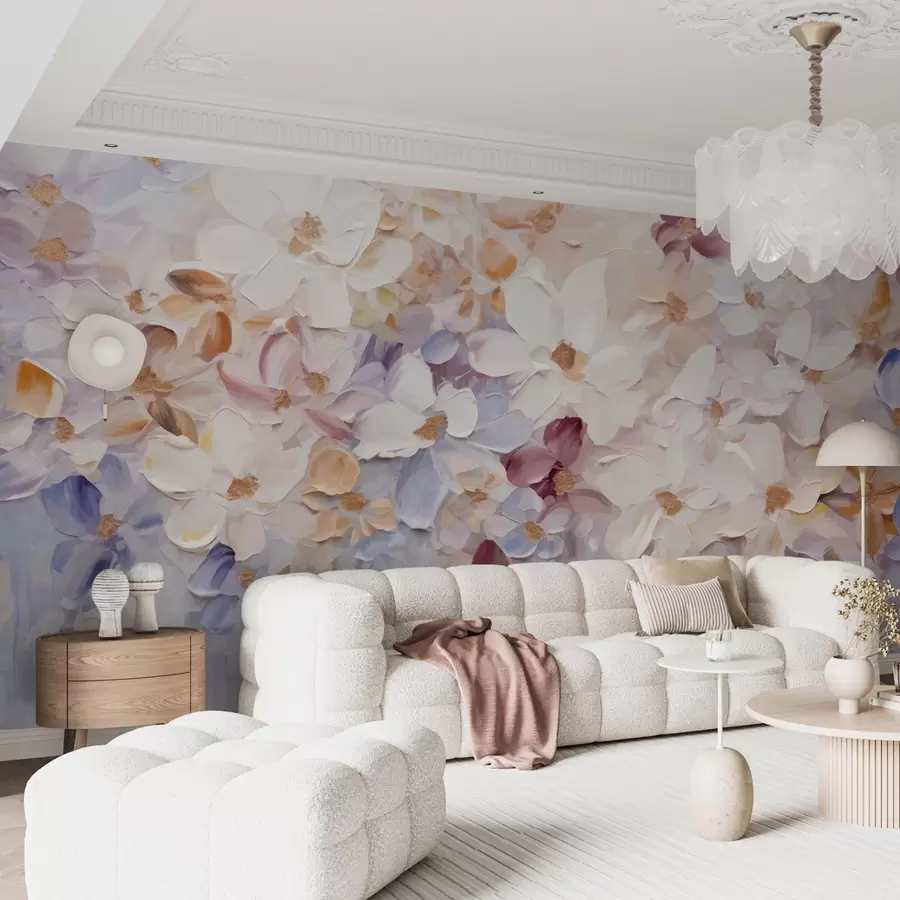 Fototapet Oljemålning som föreställer en blomsterträdgård med vita, rosa och orange blommor, mjuka penseldrag, dämpade pastellfärger w09236