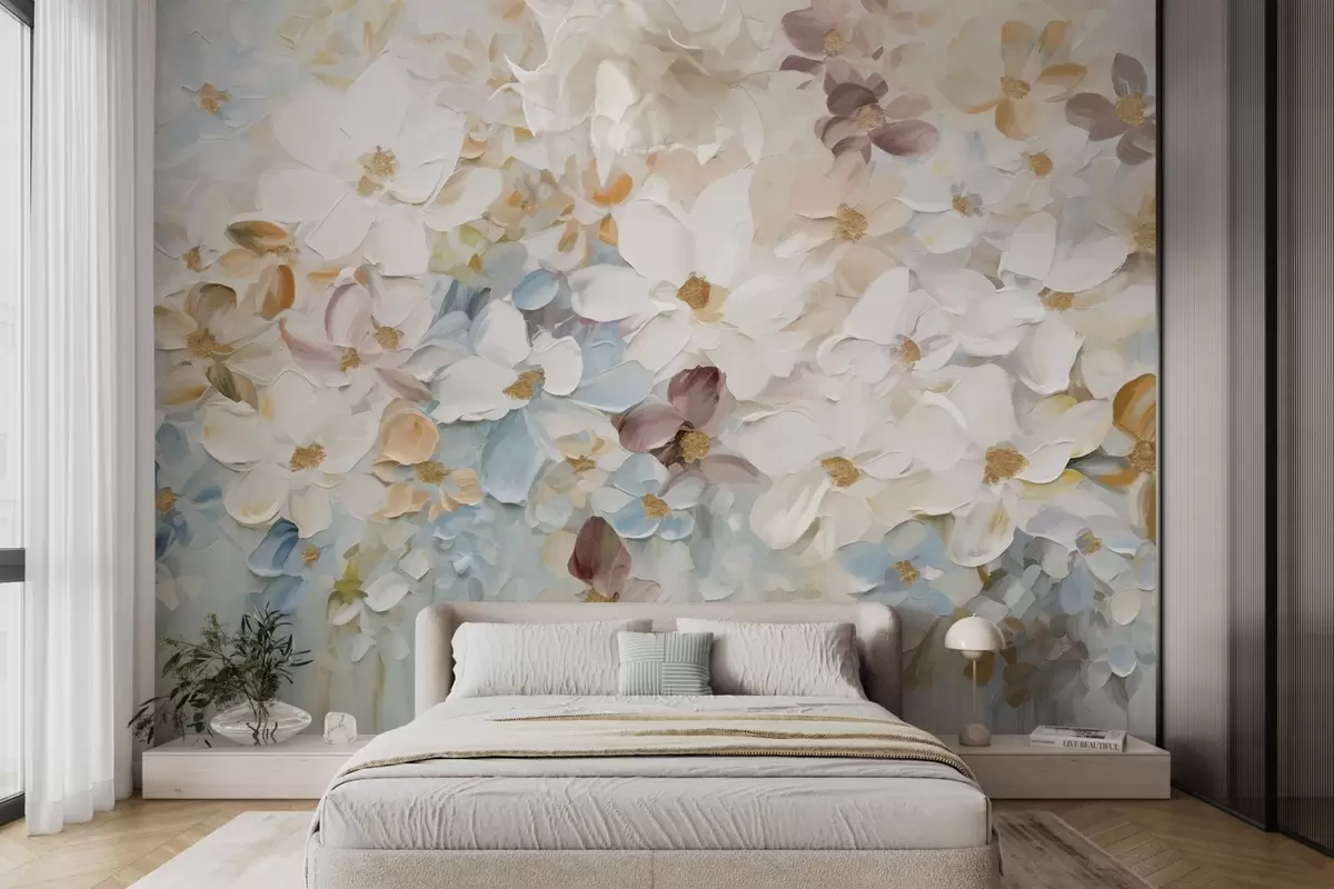 Fototapet Oljemålning som föreställer en blomsterträdgård med vita, blå och orange blommor, mjuka penseldrag, dämpade pastellfärger w09236v1