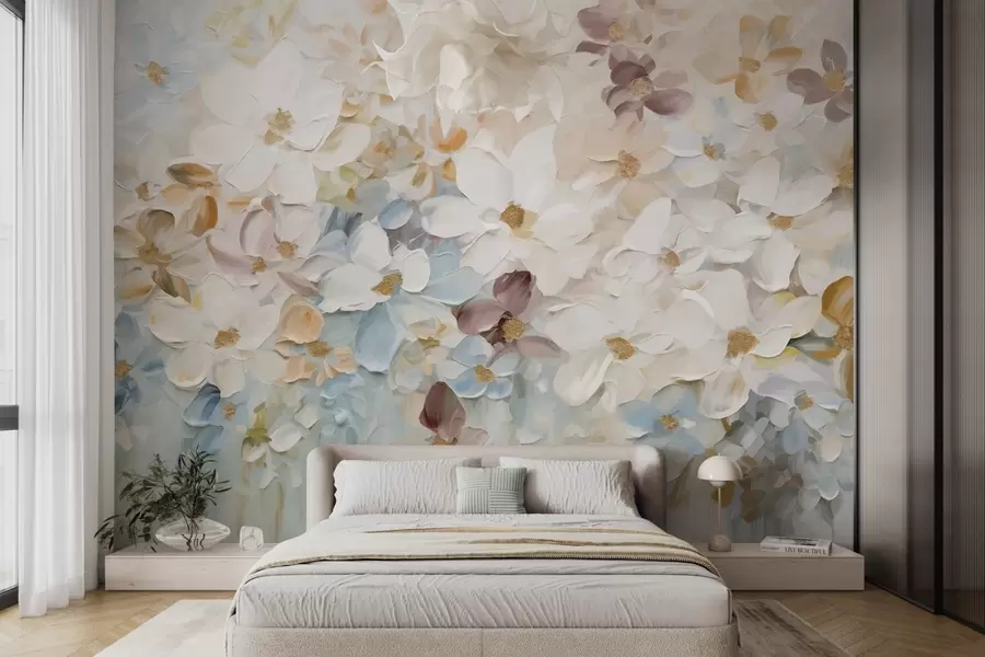 Fototapet Oljemålning som föreställer en blomsterträdgård med vita, blå och orange blommor, mjuka penseldrag, dämpade pastellfärger w09236v1