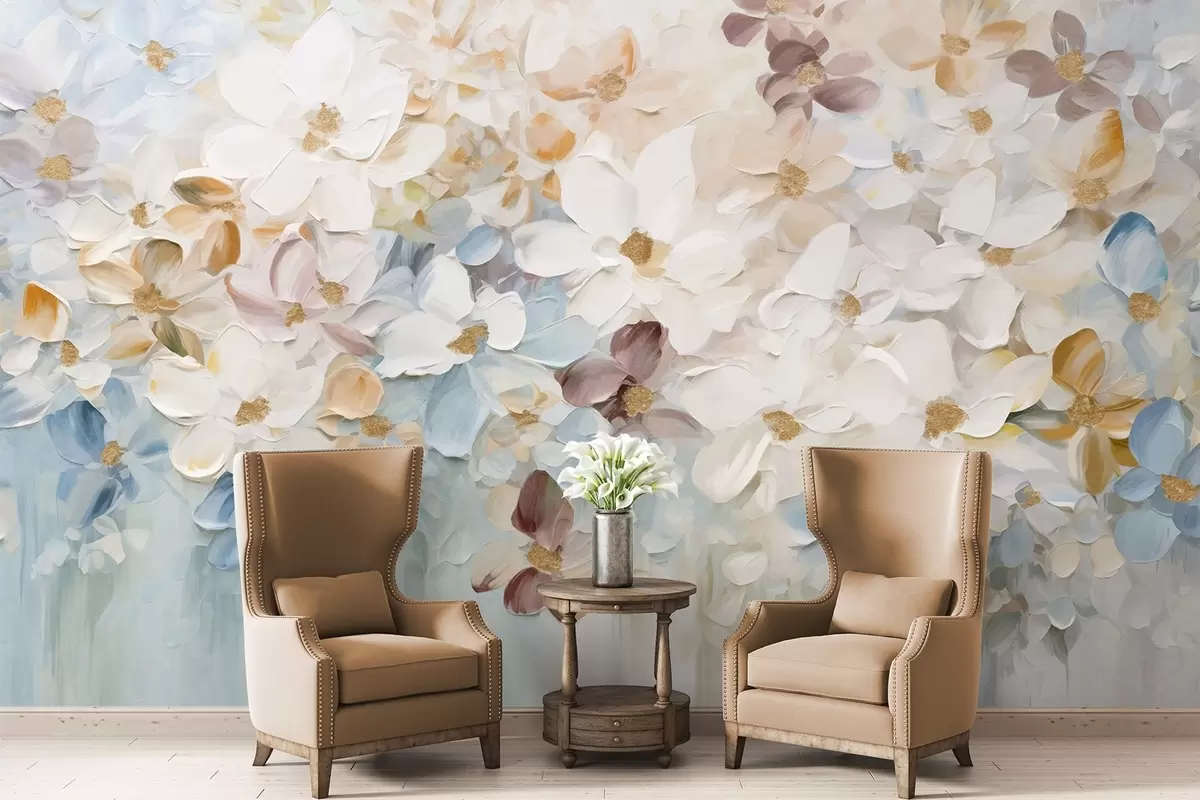 Fototapet Oljemålning som föreställer en blomsterträdgård med vita, blå och orange blommor, mjuka penseldrag, dämpade pastellfärger w09236v1