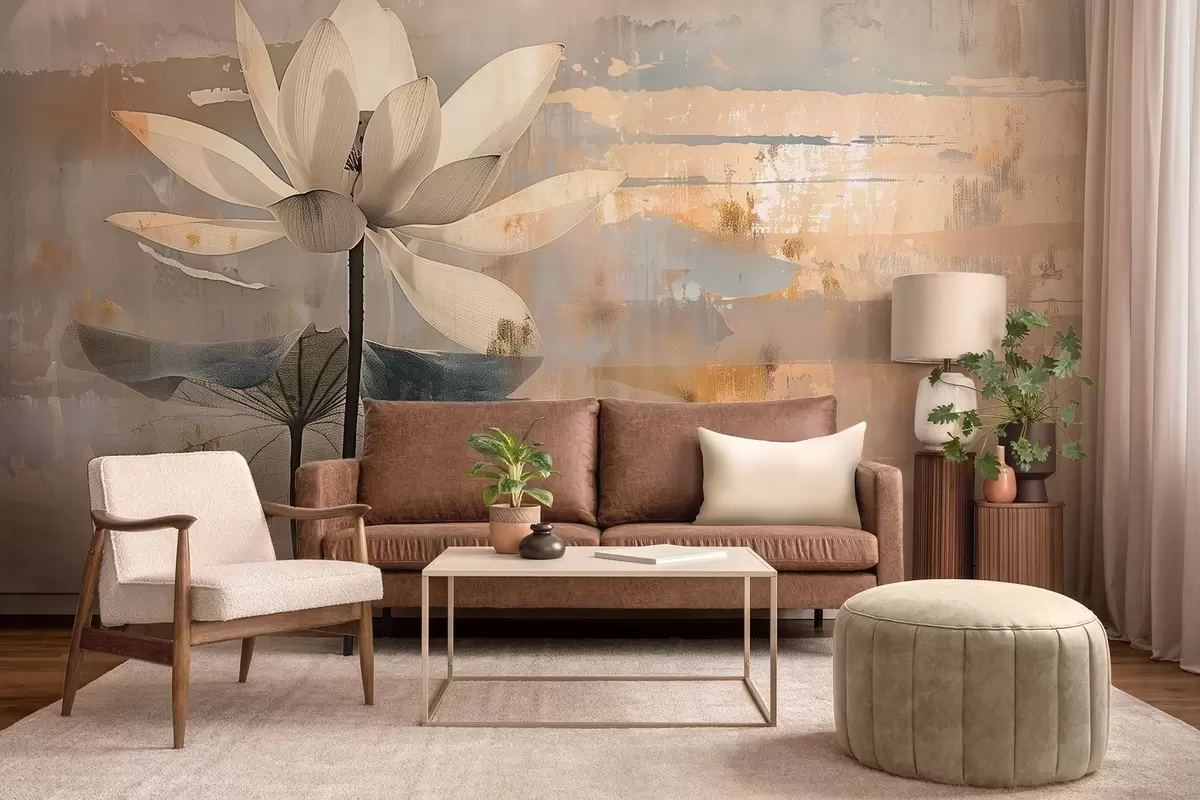 Fototapet Imitation av en vattenfärgad lotus mot en bakgrund av abstrakta penseldrag w09244