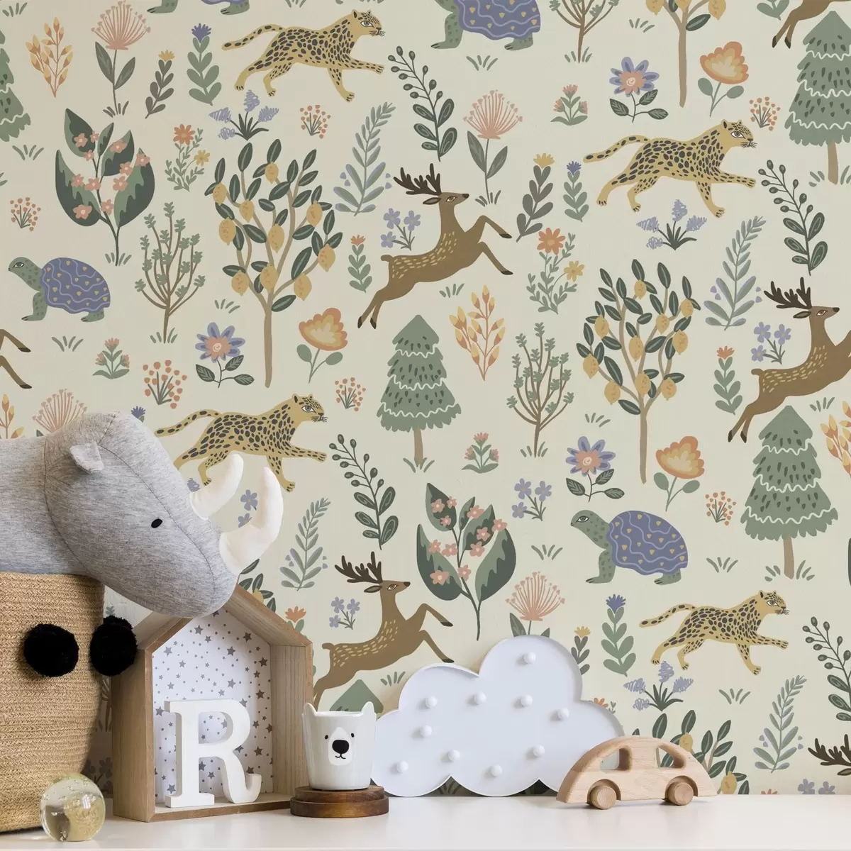 Bakgrund Retroillustration med leoparder, träd och hjortar a00184