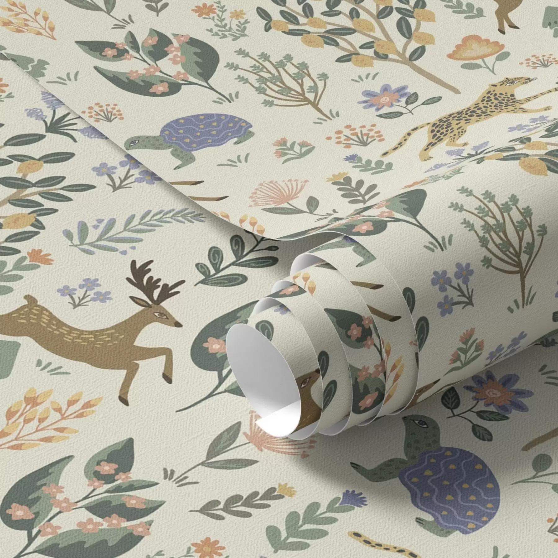 Fototapet Retroillustration med leoparder, träd och hjortar a00184