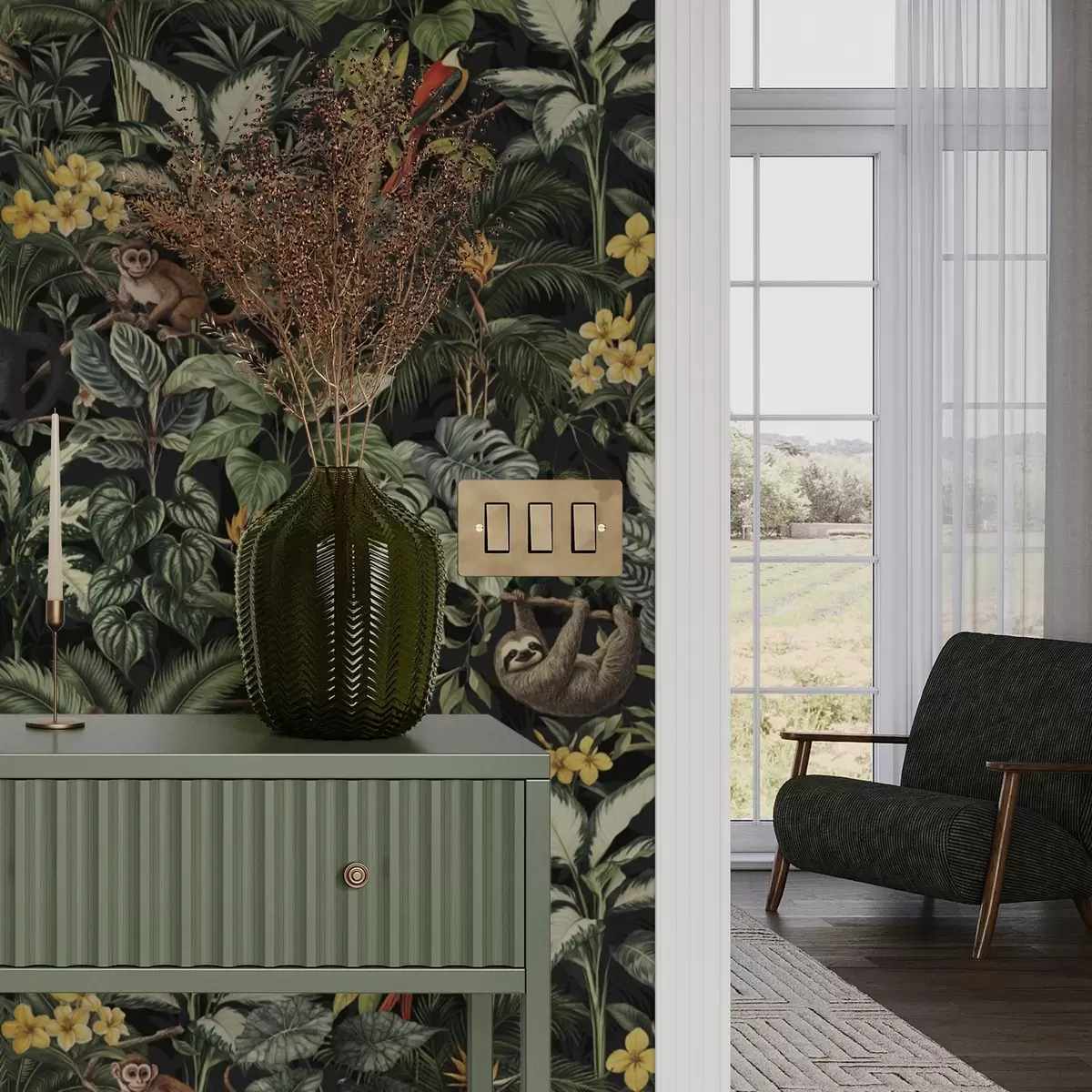 Bakgrund Tropisk djungel med apor, fåglar och täta bladverk a00191