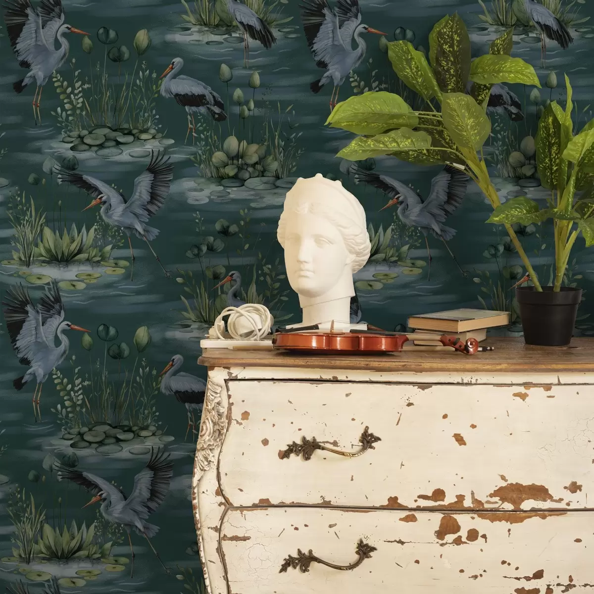 Bakgrund Scener med hägrar mot bakgrund av dammar och näckrosor a00202