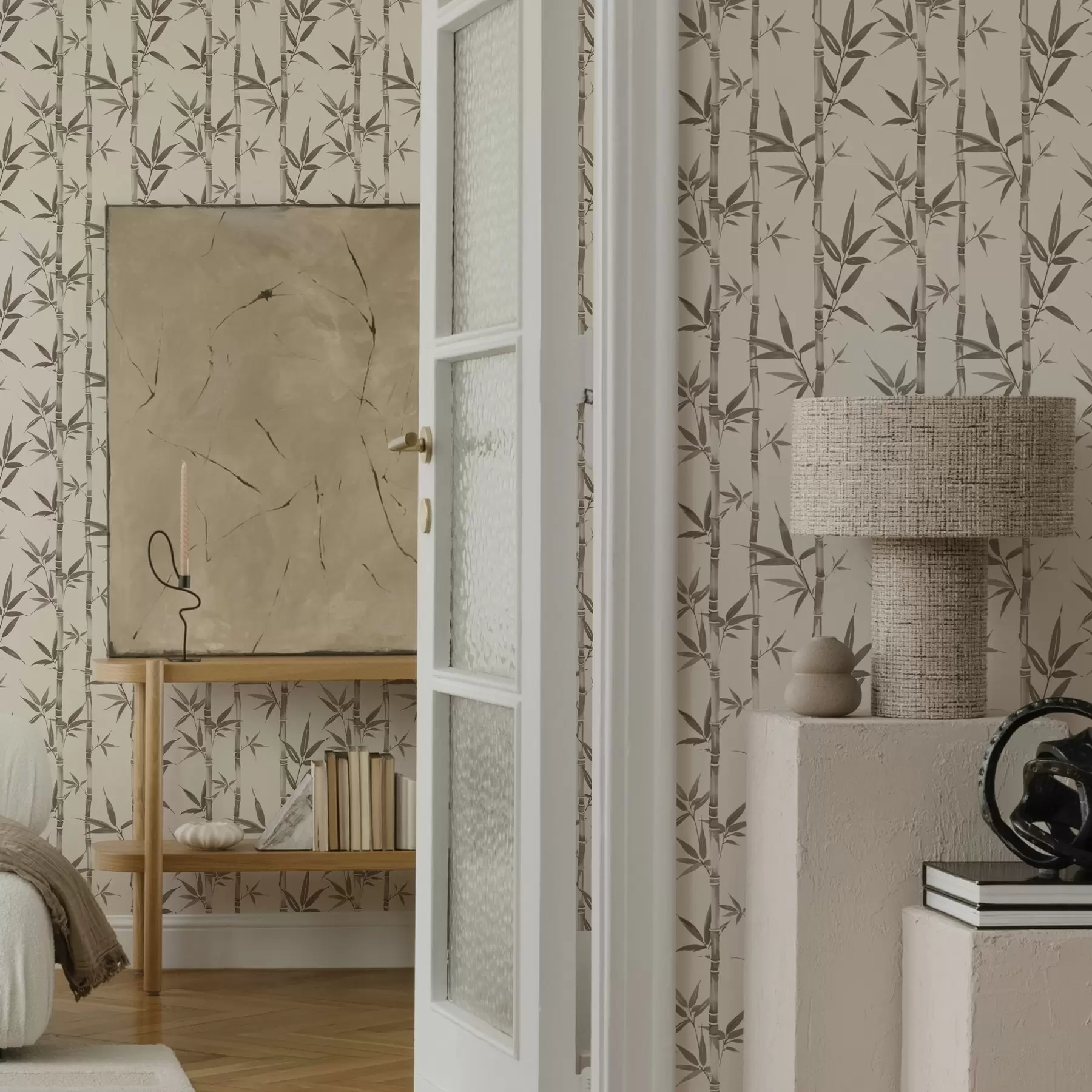 Fototapet Beige bambumönster med blad i japansk stil a00236