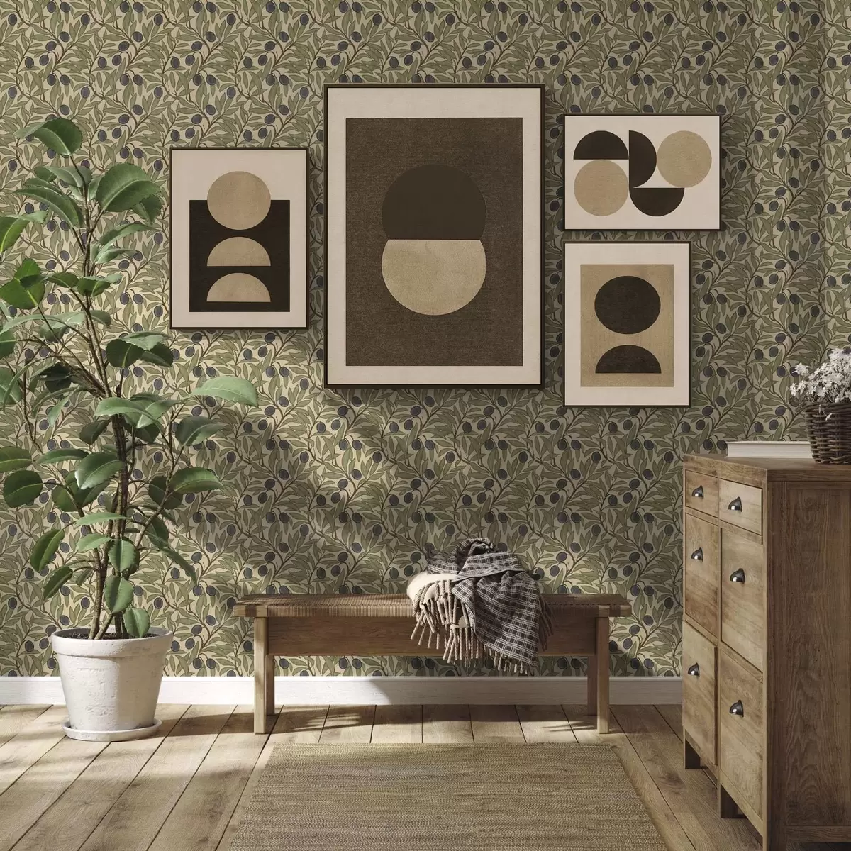 Bakgrund Oliver på grenar i varm olivpalett a00246