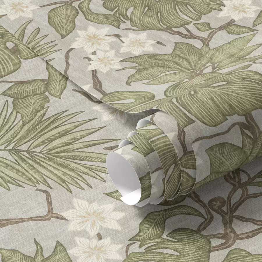 Fototapet Blad och blommor av tropisk monstera på en grå bakgrund a00249