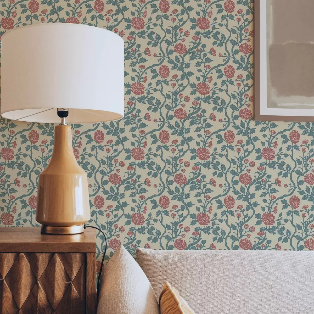 Bakgrund Retromönster med blommor i rött och grönt a00250