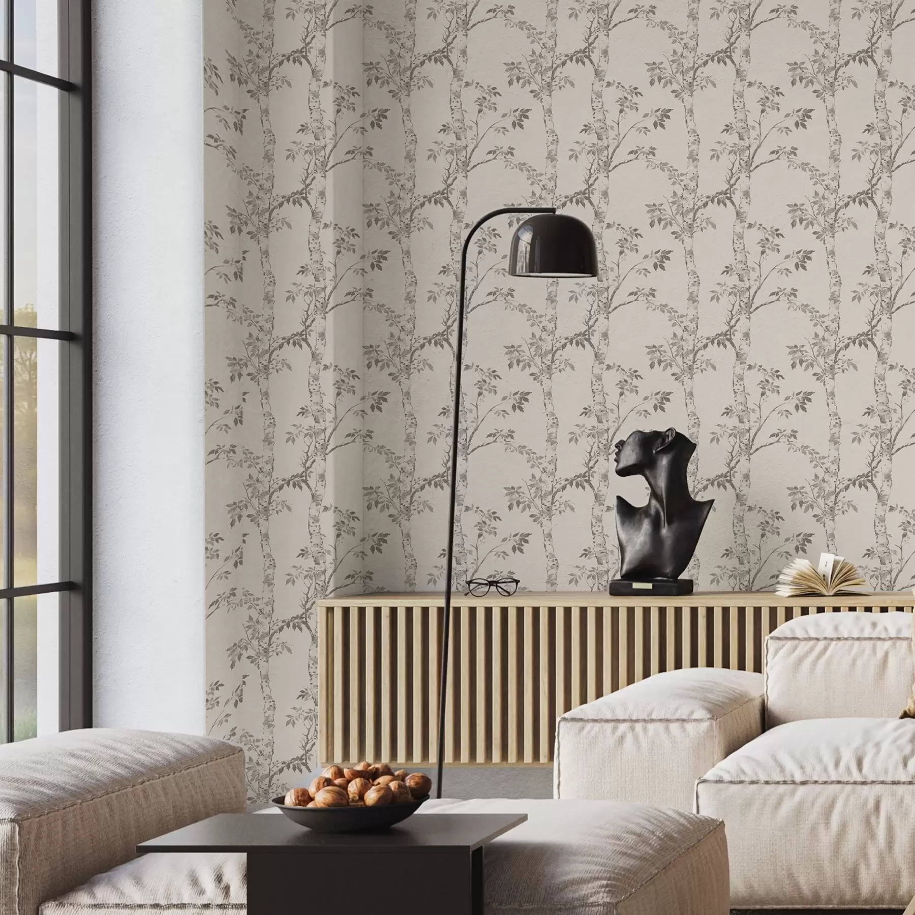 Fototapet Björkgrenar med blad mot en ljus bakgrund a00257