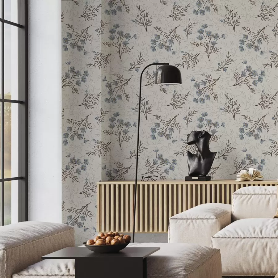 Fototapet Blå blommor och ljusa grenar på en vit bakgrund a00265v1