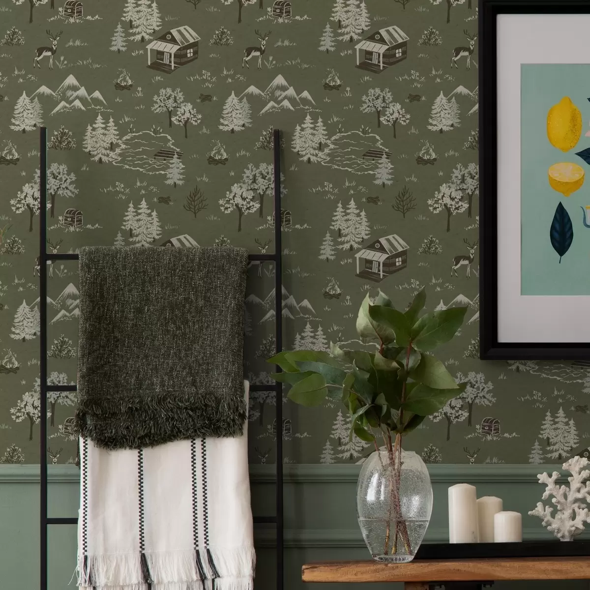 Bakgrund Målad skog med sjö, stuga och djur a00267