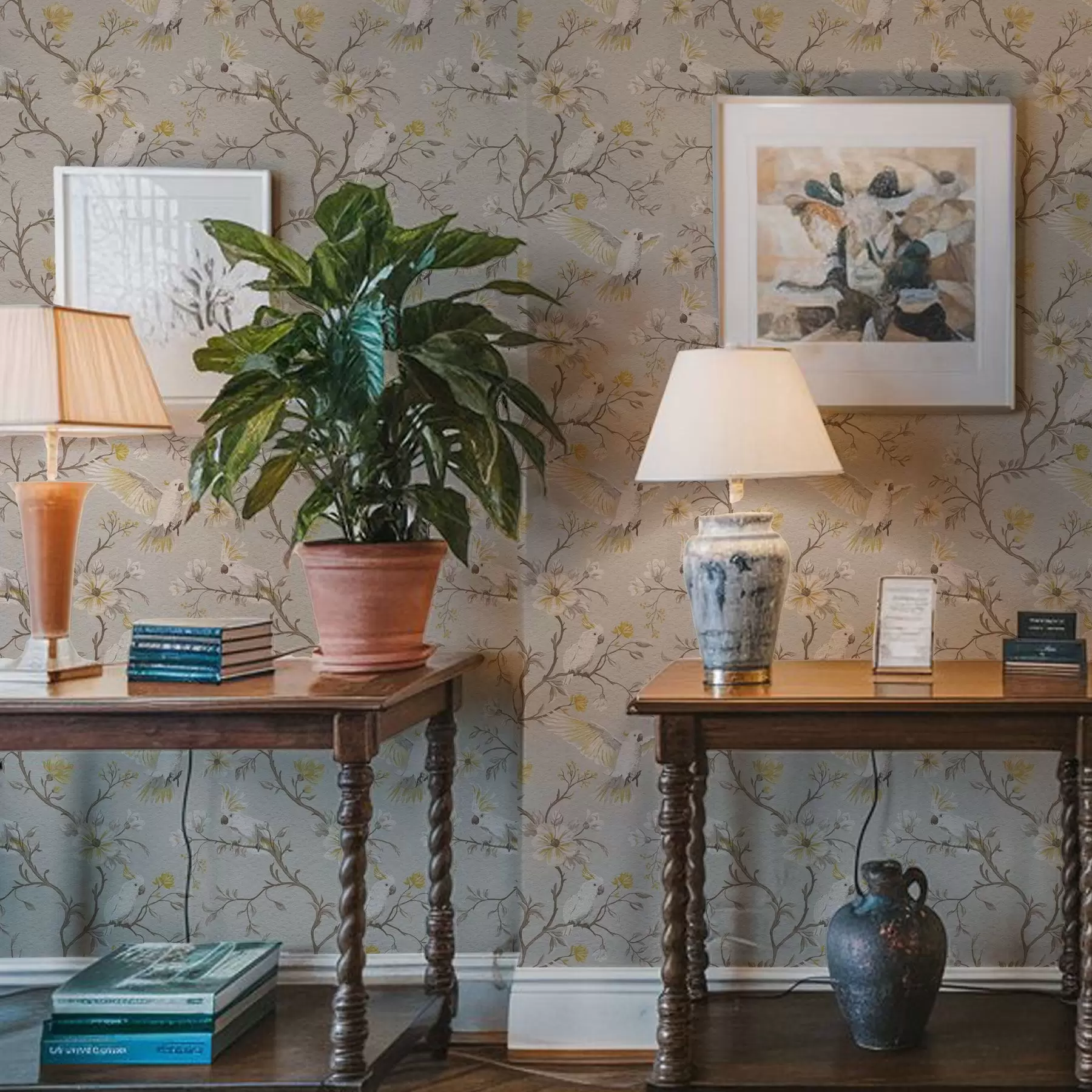 Fototapet Papegojor och gula blommor mot ljus bakgrund a00270