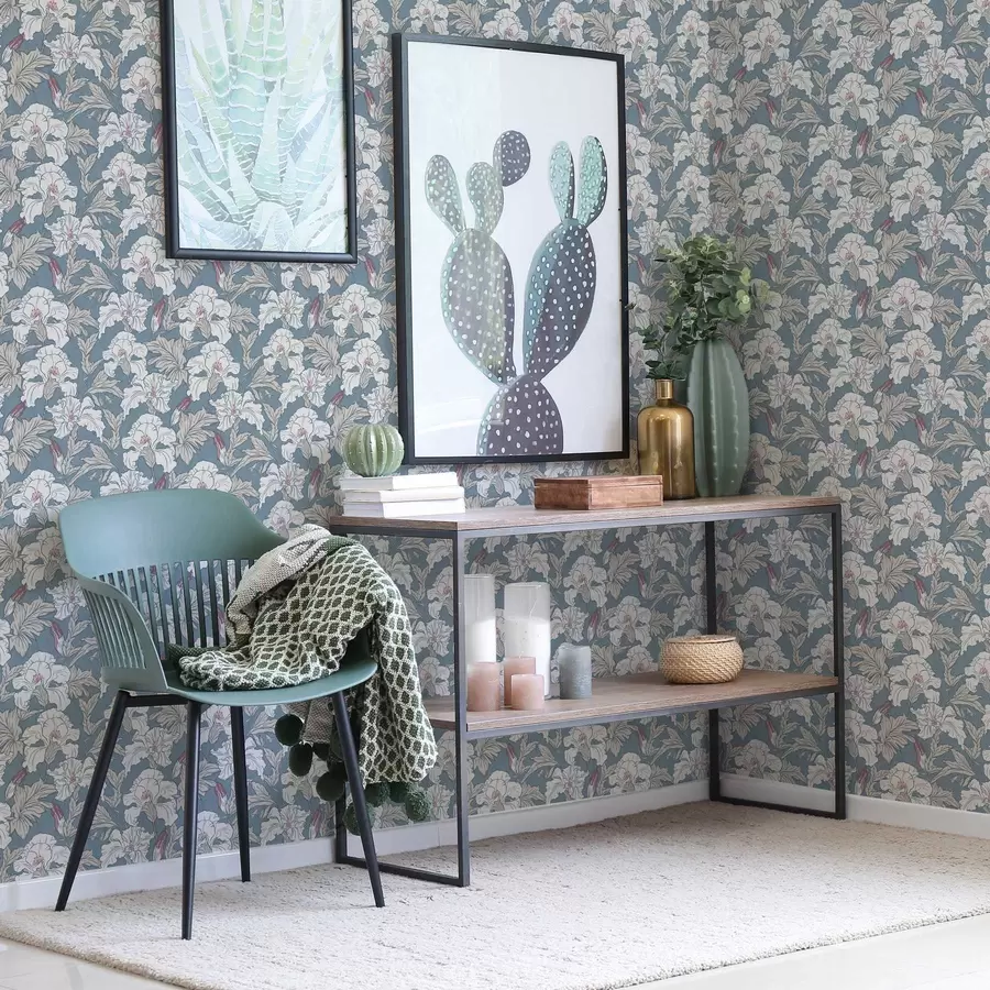 Fototapet Vit hibiskus på blå bakgrund med konturmönster a00272v1