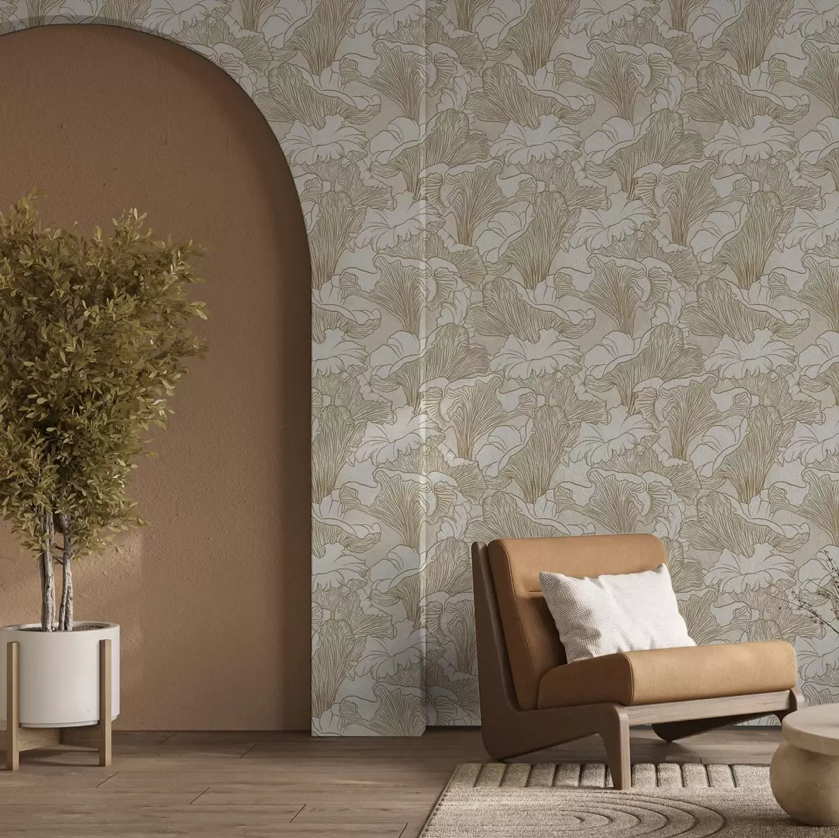 Bakgrund Kantarellsvamp, linjeteckning på gräddfärgad bakgrund a00275