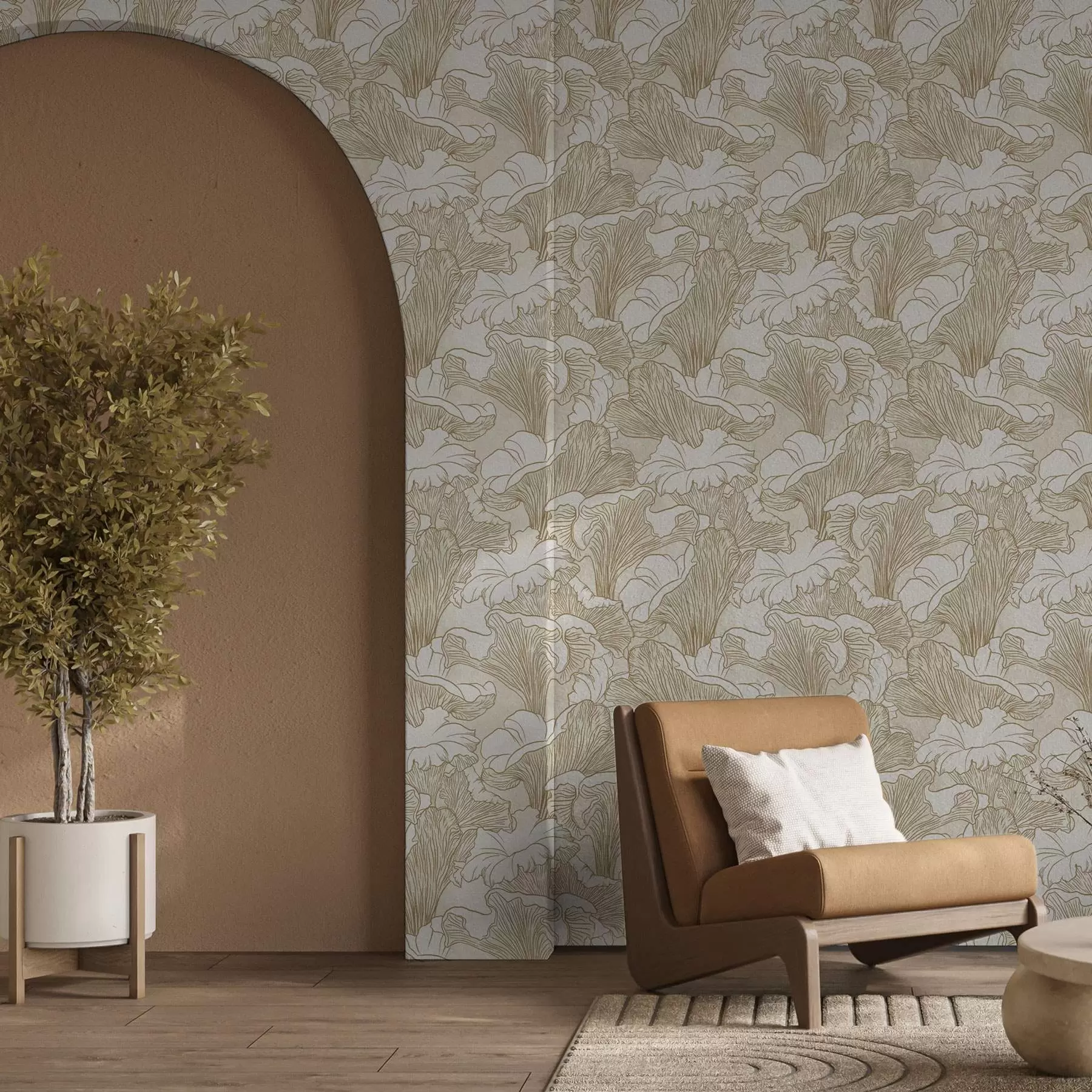 Fototapet Kantarellsvamp, linjeteckning på gräddfärgad bakgrund a00275