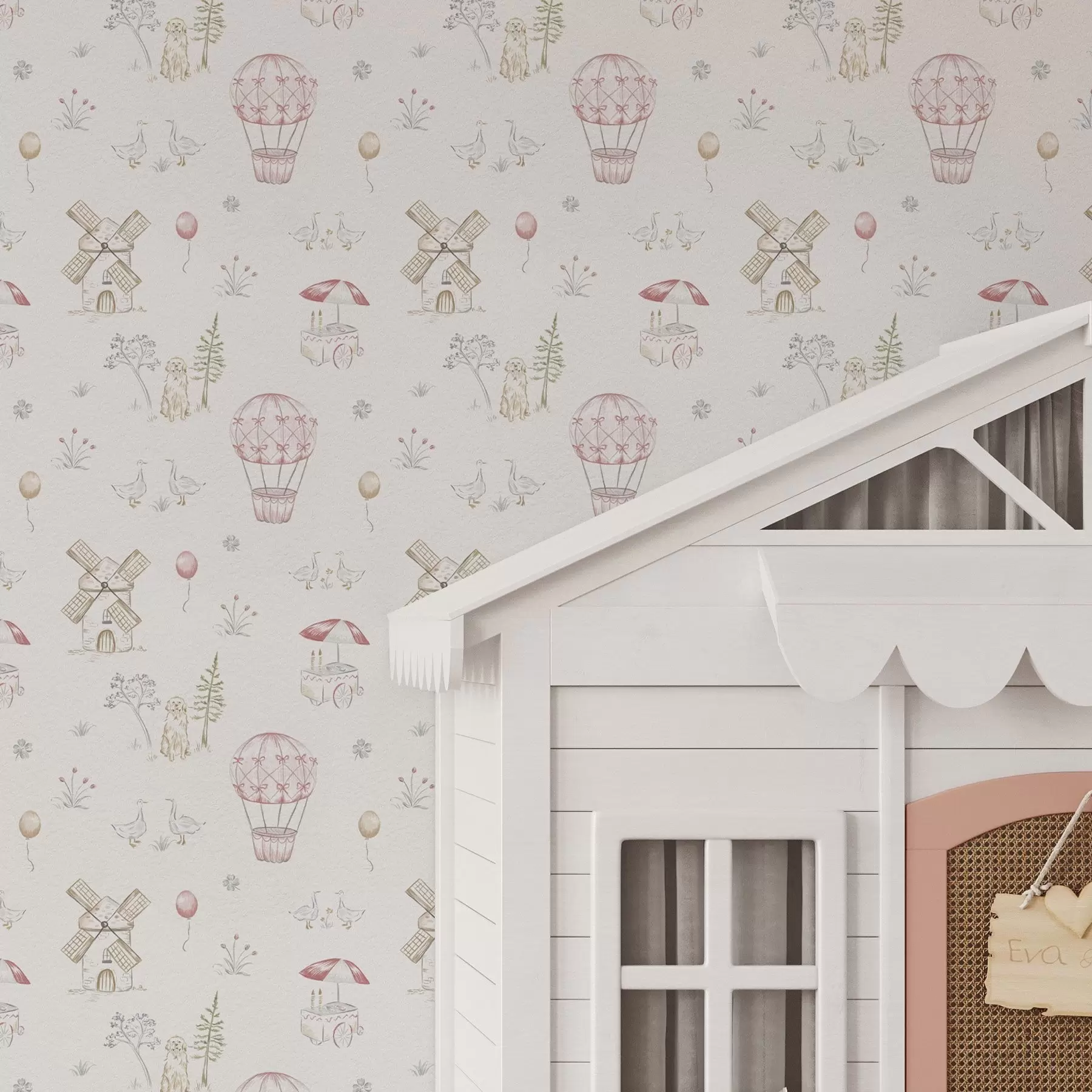 Fototapet Illustrationer för barn: Hund, ankor, bollar, kvarn a00278