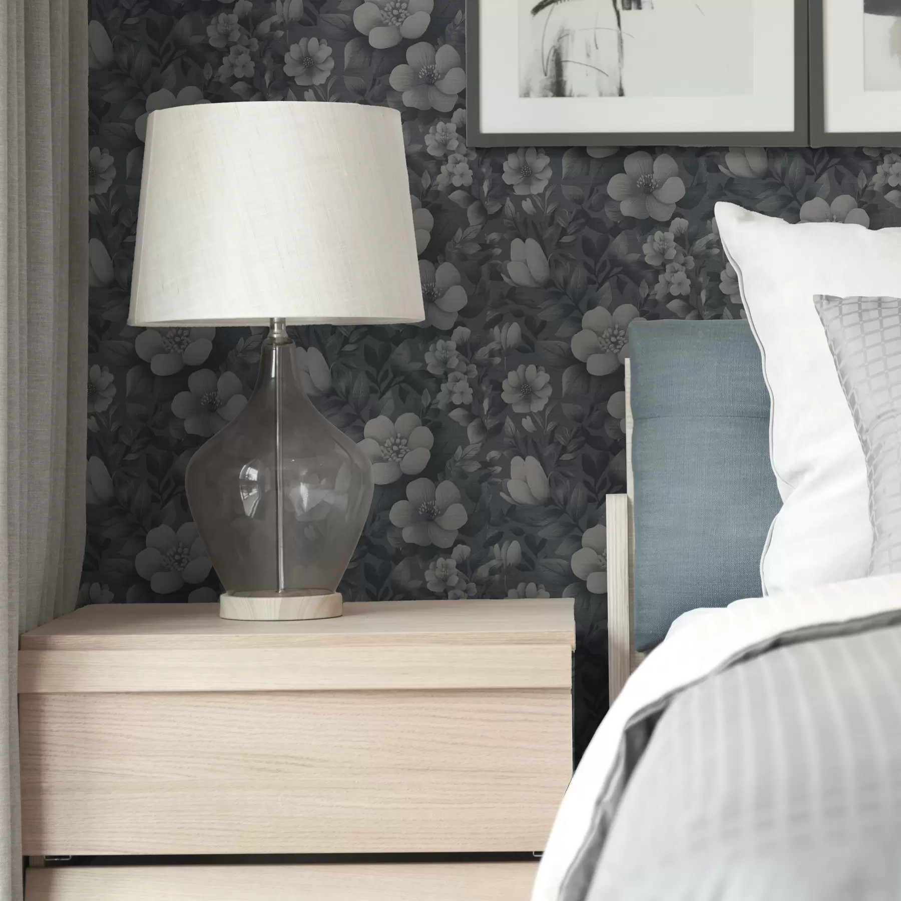 Fototapet Mörkblått mönster med voluminösa vita blommor a00282