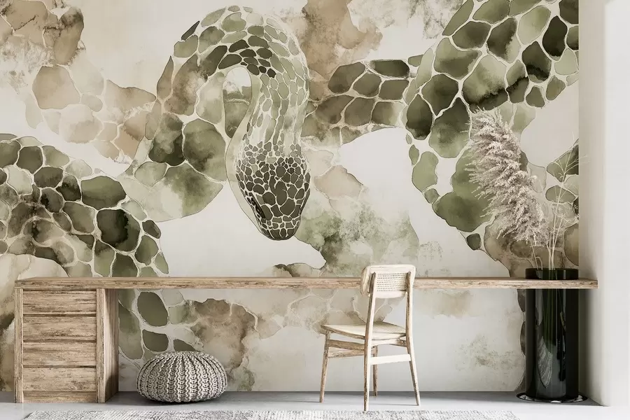 Fototapet Silhuett av orm, akvarellstil, olivfärger w04113v3