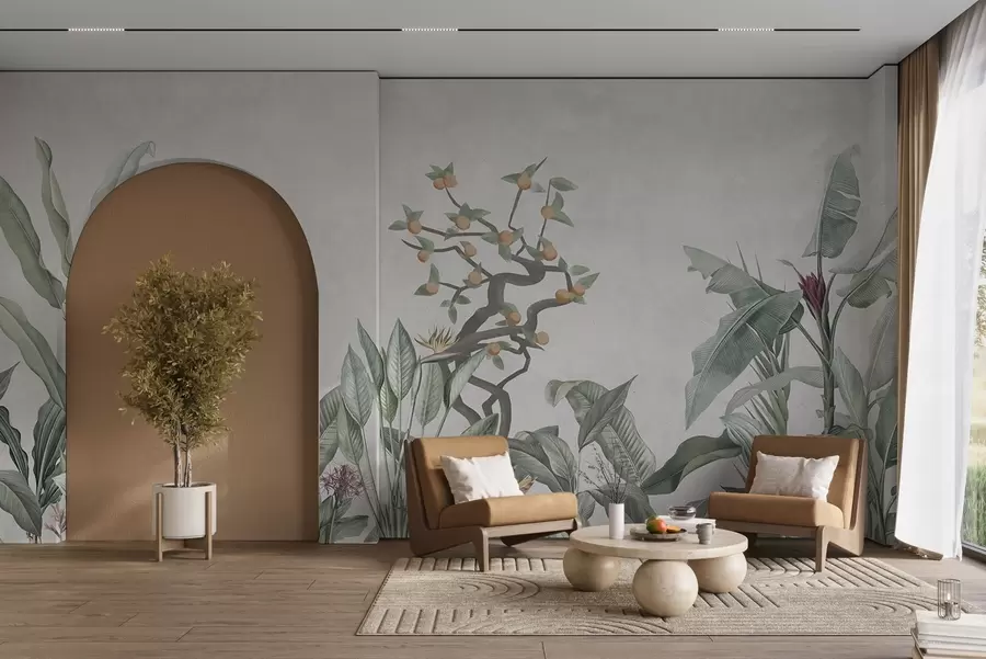 Fototapet Tropiska växter med apelsinträd mot en ljus bakgrund w04201