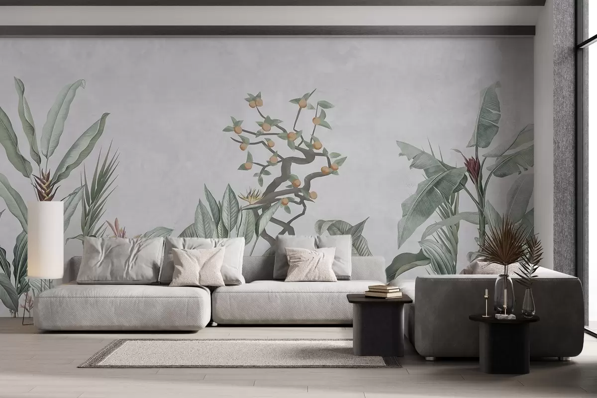 Fototapet Tropiska växter med apelsinträd mot en ljus bakgrund w04201