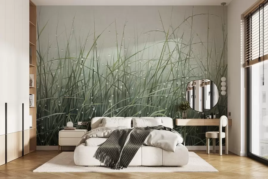 Fototapet Gräs med vattendroppar, dämpade gröna nyanser, mjukt ljus, dimmig bakgrund, abstrakt minimalistisk texturerad stil w09217