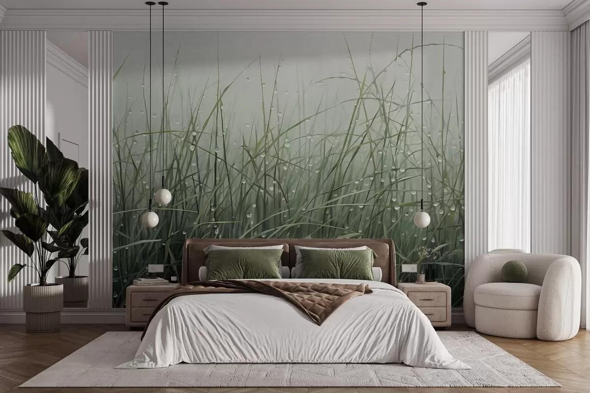 Fototapet Gräs med vattendroppar, dämpade gröna nyanser, mjukt ljus, dimmig bakgrund, abstrakt minimalistisk texturerad stil w09217