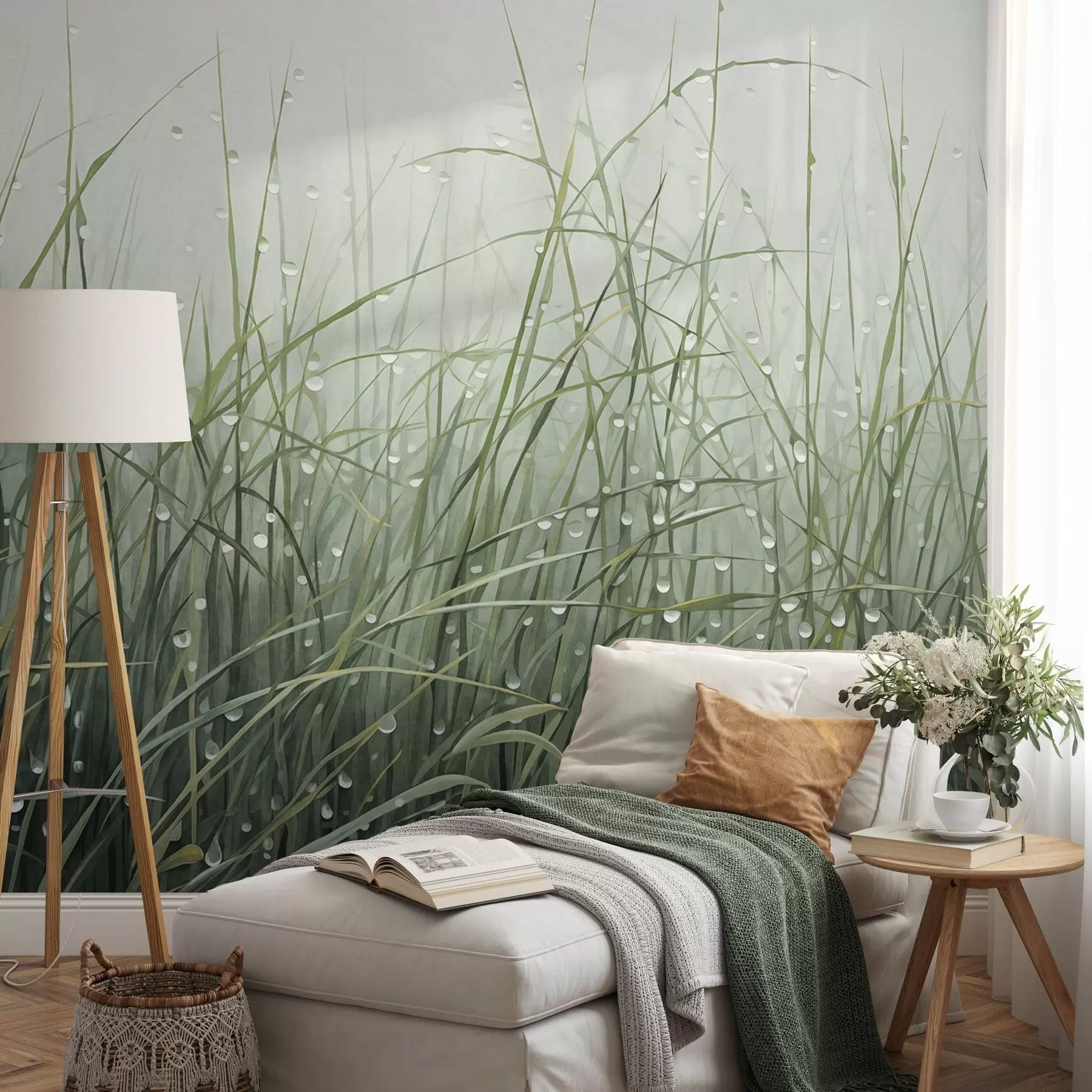 Fototapet Gräs med vattendroppar, dämpade gröna nyanser, mjukt ljus, dimmig bakgrund, abstrakt minimalistisk texturerad stil w09217