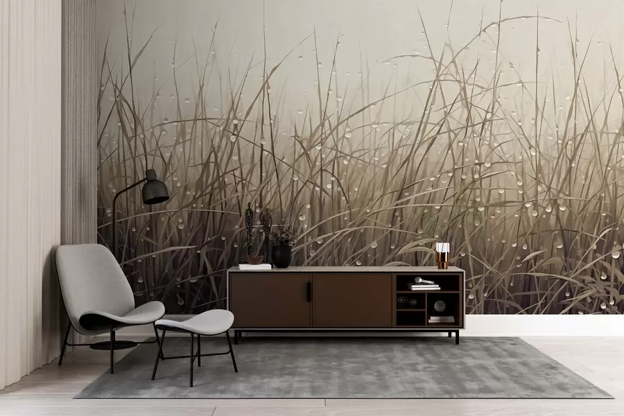 Fototapet Gräs med vattendroppar, dämpade bruna nyanser, mjukt ljus, dimmig bakgrund, abstrakt minimalistisk texturerad stil w09217v1