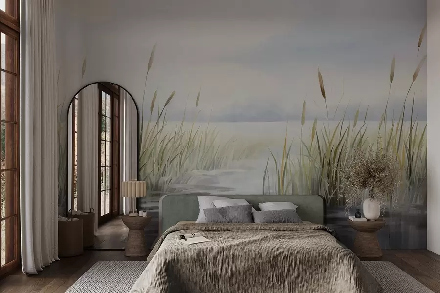 Fototapet En texturerad akvarellmålning som imiterar ett landskap med sjö, gräs, mulen himmel och suddig bakgrund w09219