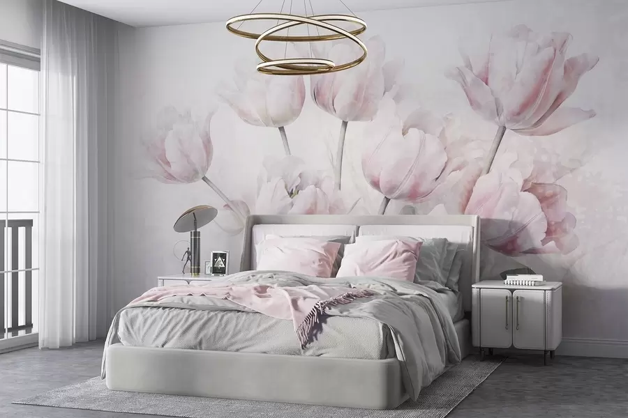 Fototapet Rosa texturerade tulpaner med gröna blad, mjukt ljus, vintage akvarellstil, fina penseldrag w09220