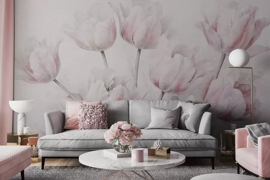 Fototapet Rosa texturerade tulpaner med gröna blad, mjukt ljus, vintage akvarellstil, fina penseldrag w09220