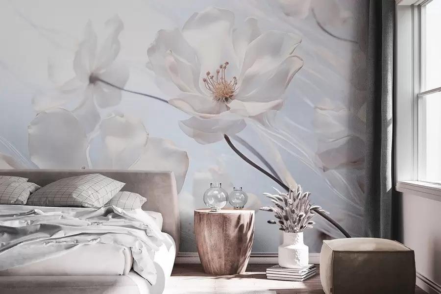 Fototapet Vita texturerade transparenta blommor med skira kronblad, mjuk ljusblå bakgrund, elegant, romantisk, drömsk w09233