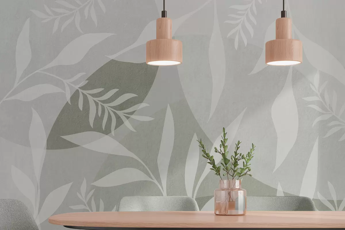 Fototapet Silhuetter av kvistar på en bakgrund av abstrakta cirklar, nyanser av grönt w04270v2