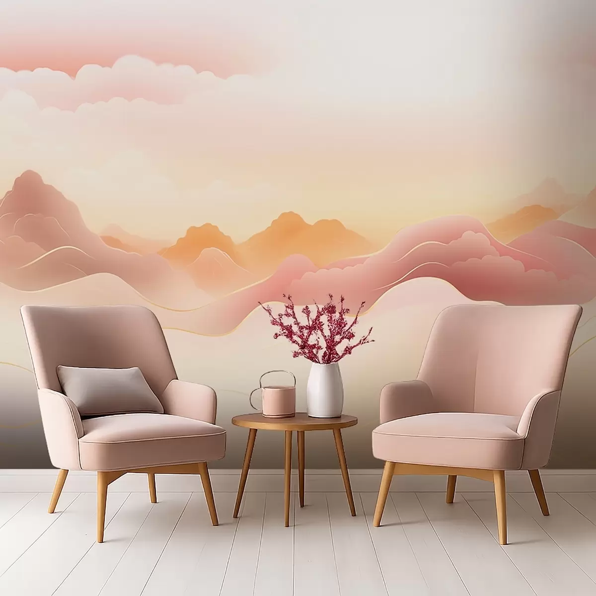 Fototapet Dimmiga berg under en varm soluppgång w09242