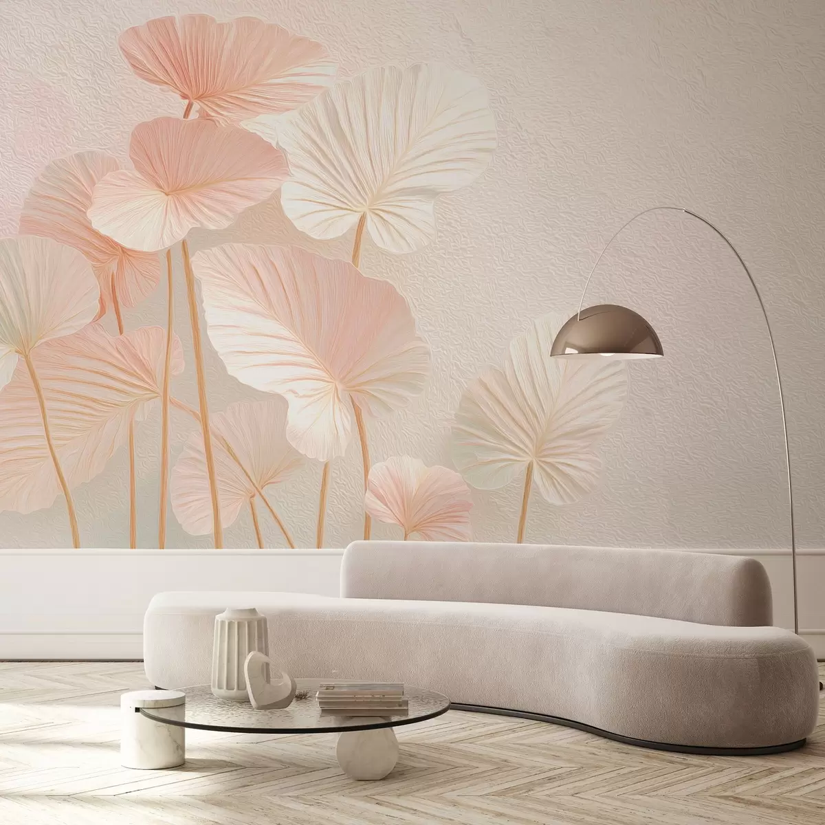 Fototapet Eleganta stora tropiska blad i delikat rosa färg w09252v1