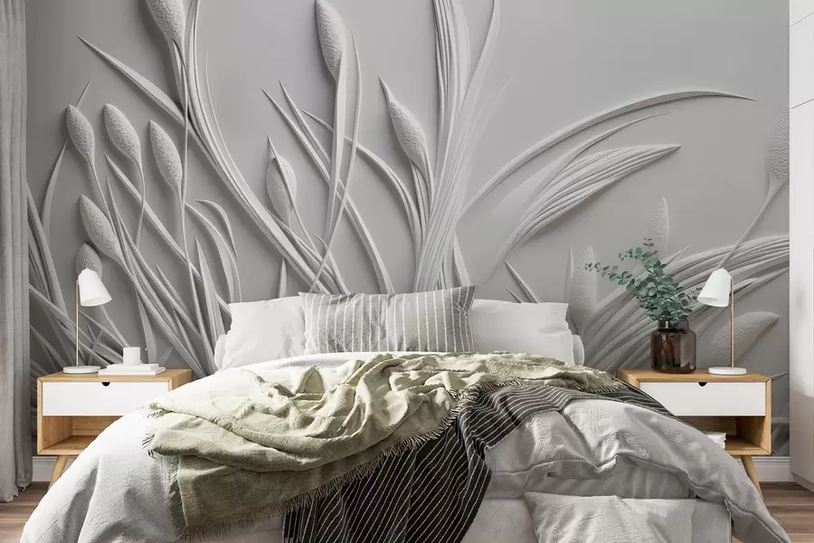 Fototapet Basrelief med skira blad och pampas w04247