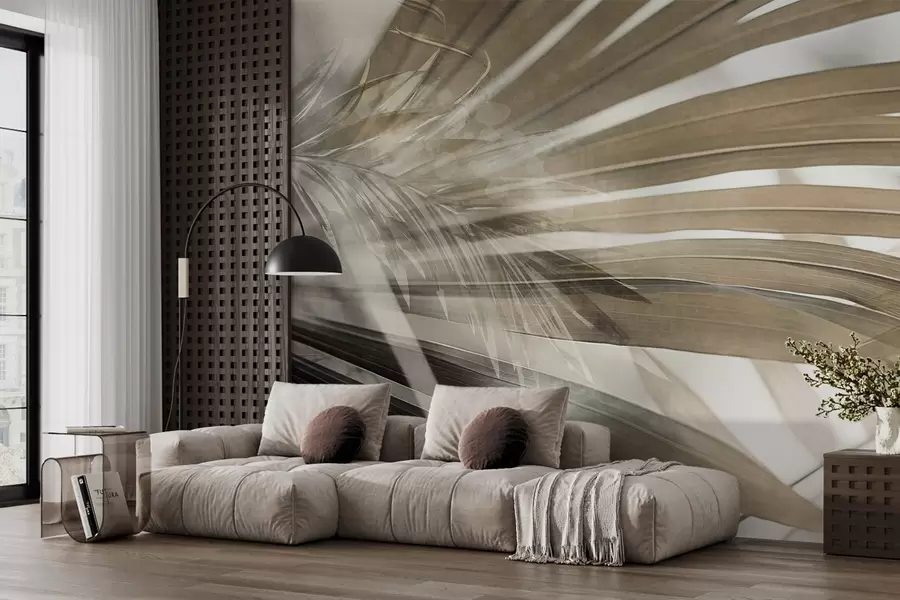 Fototapet Palmblad med en ljusbrun nyans som överlappar varandra och skapar en skiktad effekt, mot en mjuk, neutral bakgrund w09256