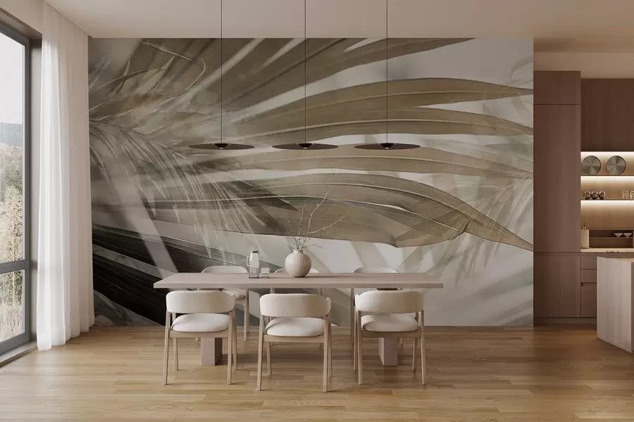 Fototapet Palmblad med en ljusbrun nyans som överlappar varandra och skapar en skiktad effekt, mot en mjuk, neutral bakgrund w09256