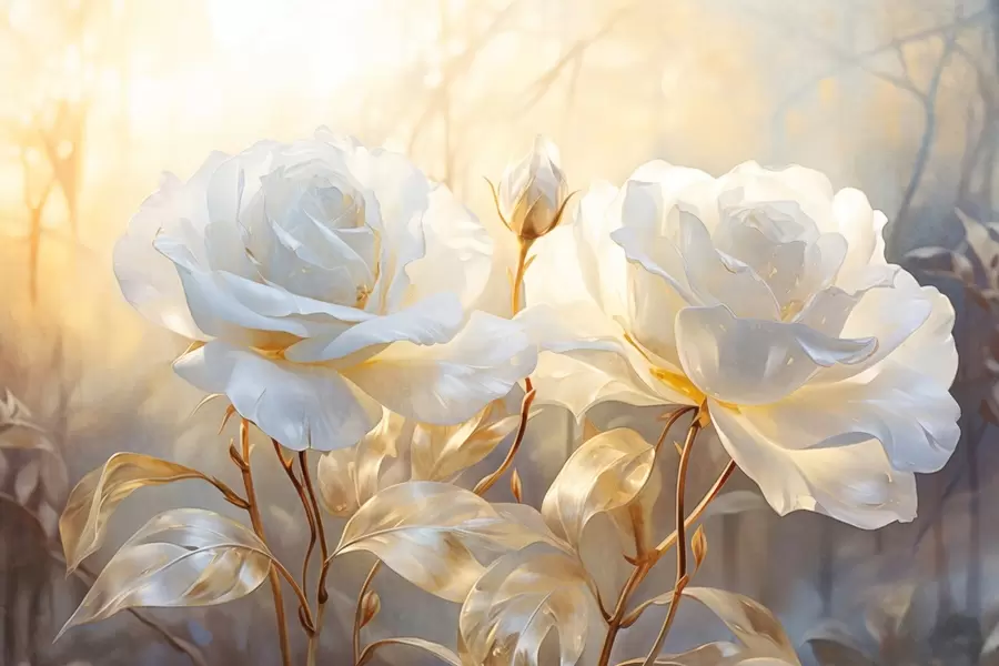 Fototapet Vita texturerade rosor med gula stjälkar och blad, mjuk belysning, ljus bakgrund med suddiga blomformer w09258