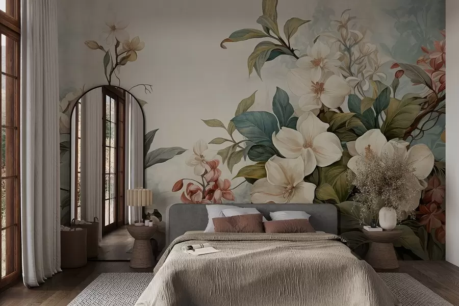 Fototapet Strukturerade tropiska blommor och blad med mjuka blå och gröna nyanser, fina penseldrag, botanisk vintage-stil w09259