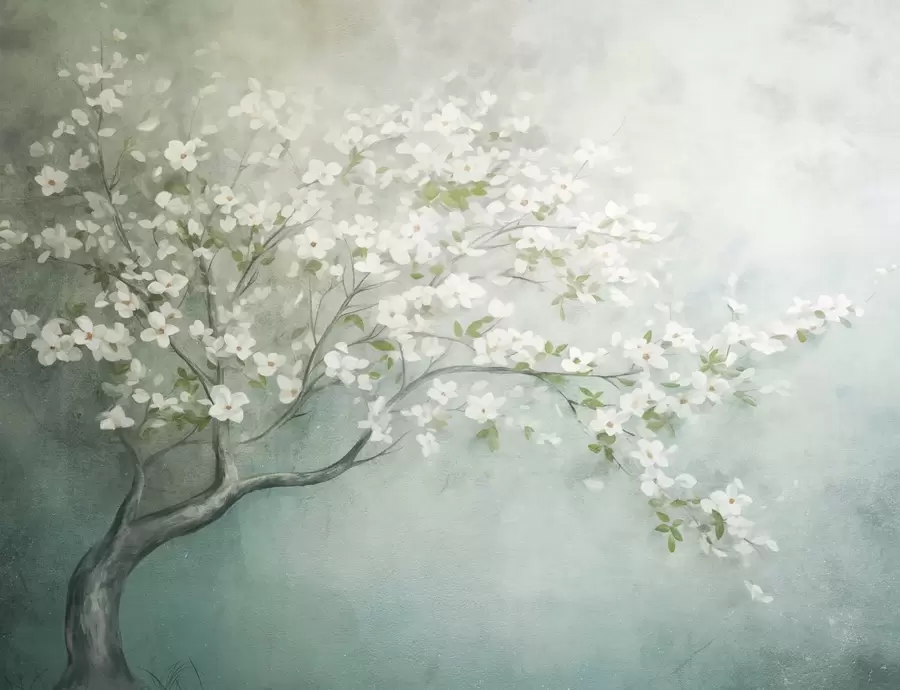Fototapet Ett blommande träd med vita blommor i full blom, mot en kornig, brusig texturerad bakgrund i dämpat blått och grönt w09261