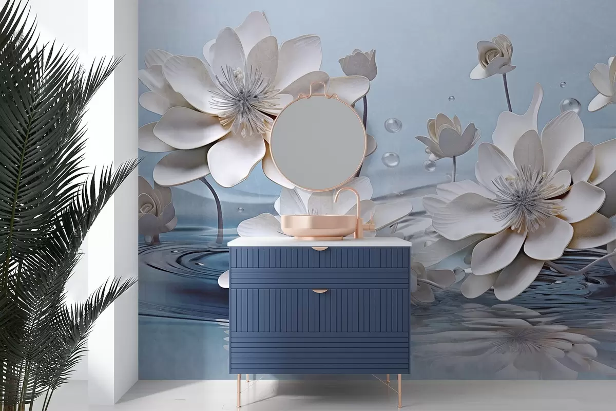 Fototapet Vita texturerade blommor med vattendroppar, reflektioner på vattenytan, ljusblå bakgrund, elegant design w09262