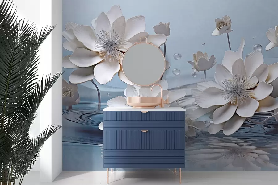 Fototapet Vita texturerade blommor med vattendroppar, reflektioner på vattenytan, ljusblå bakgrund, elegant design w09262