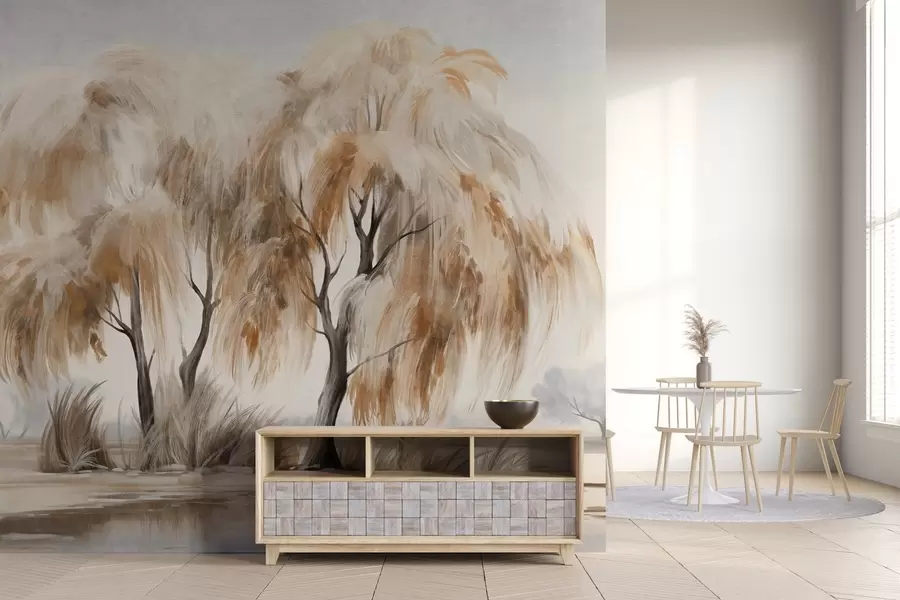 Fototapet Texturerade pilträd med bruna och vita blad på stranden av en sjö, med lite gräs runt dem, i en dimmig dag w09268