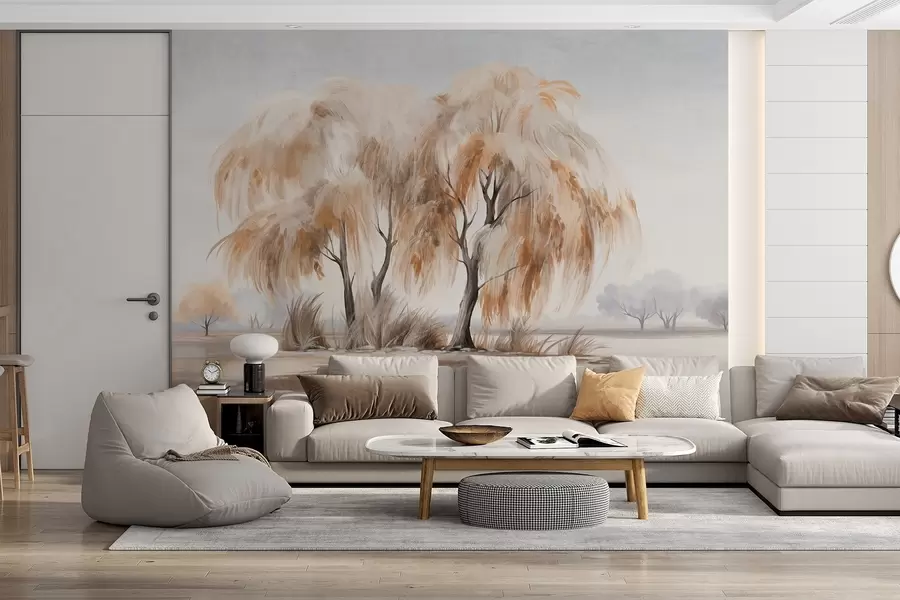 Fototapet Texturerade pilträd med bruna och vita blad på stranden av en sjö, med lite gräs runt dem, i en dimmig dag w09268